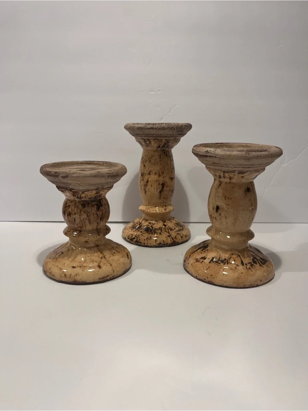 Vintage French Glazed Terracotta Pillar Candleholders Set of 3 Rare